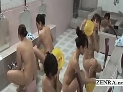 Kinky Japanese bathhouse blowjob with busty milf crowd